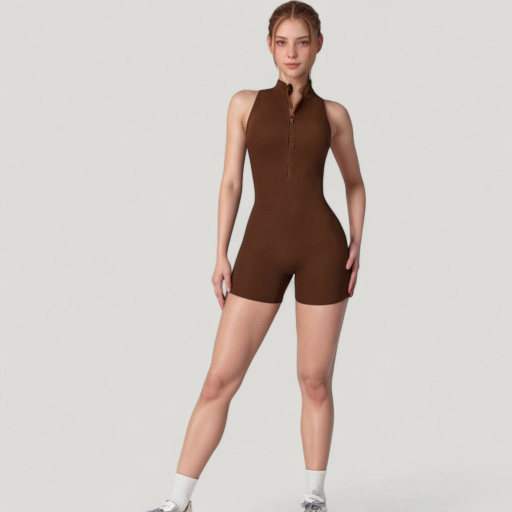 Anna-Kaci Active Women's Sleeveless Zip Front Active Romper with High Neck and Fitted Stretch Fabric