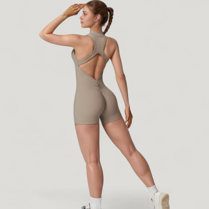 Anna-Kaci Active Women's Sleeveless Zip Front Active Romper with High Neck and Fitted Stretch Fabric