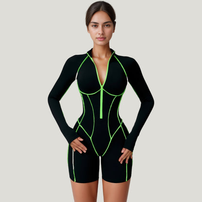Anna-Kaci Active Women's Long Sleeve Zip Front Active Romper with Neon Piping and Contoured Seams