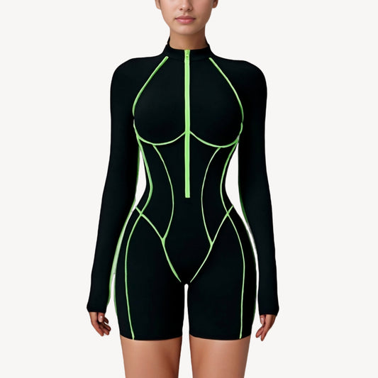 Anna-Kaci Active Women's Long Sleeve Zip Front Active Romper with Neon Piping and Contoured Seams