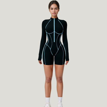 Anna-Kaci Active Women's Long Sleeve Zip Front Active Romper with Neon Piping and Contoured Seams