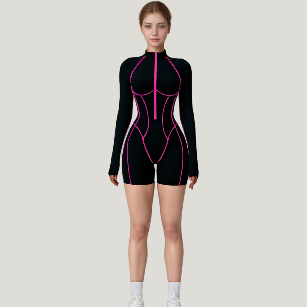 Anna-Kaci Active Women's Long Sleeve Zip Front Active Romper with Neon Piping and Contoured Seams