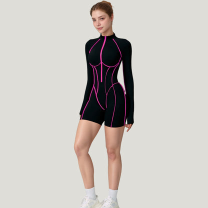Anna-Kaci Active Women's Long Sleeve Zip Front Active Romper with Neon Piping and Contoured Seams