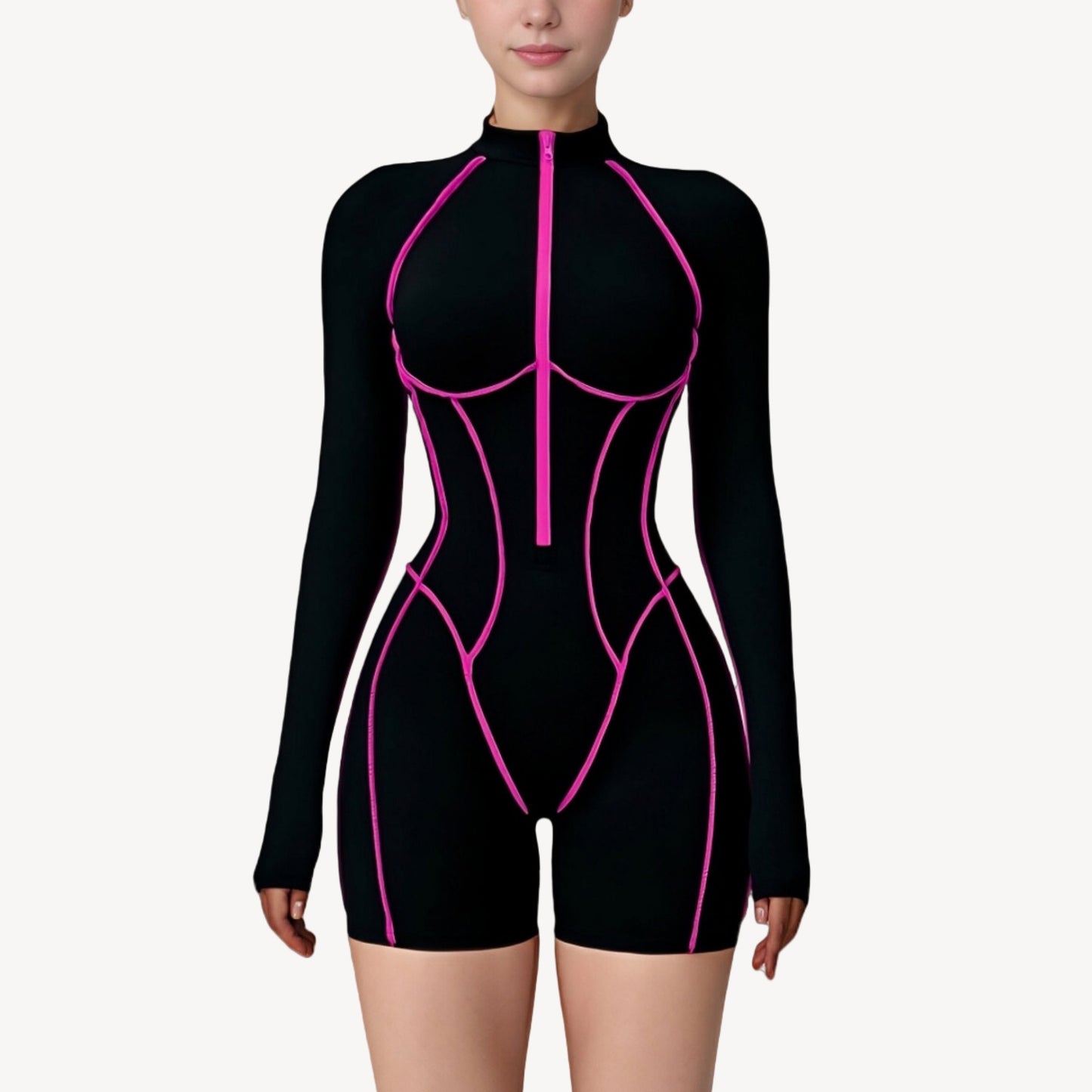 Anna-Kaci Active Women's Long Sleeve Zip Front Active Romper with Neon Piping and Contoured Seams