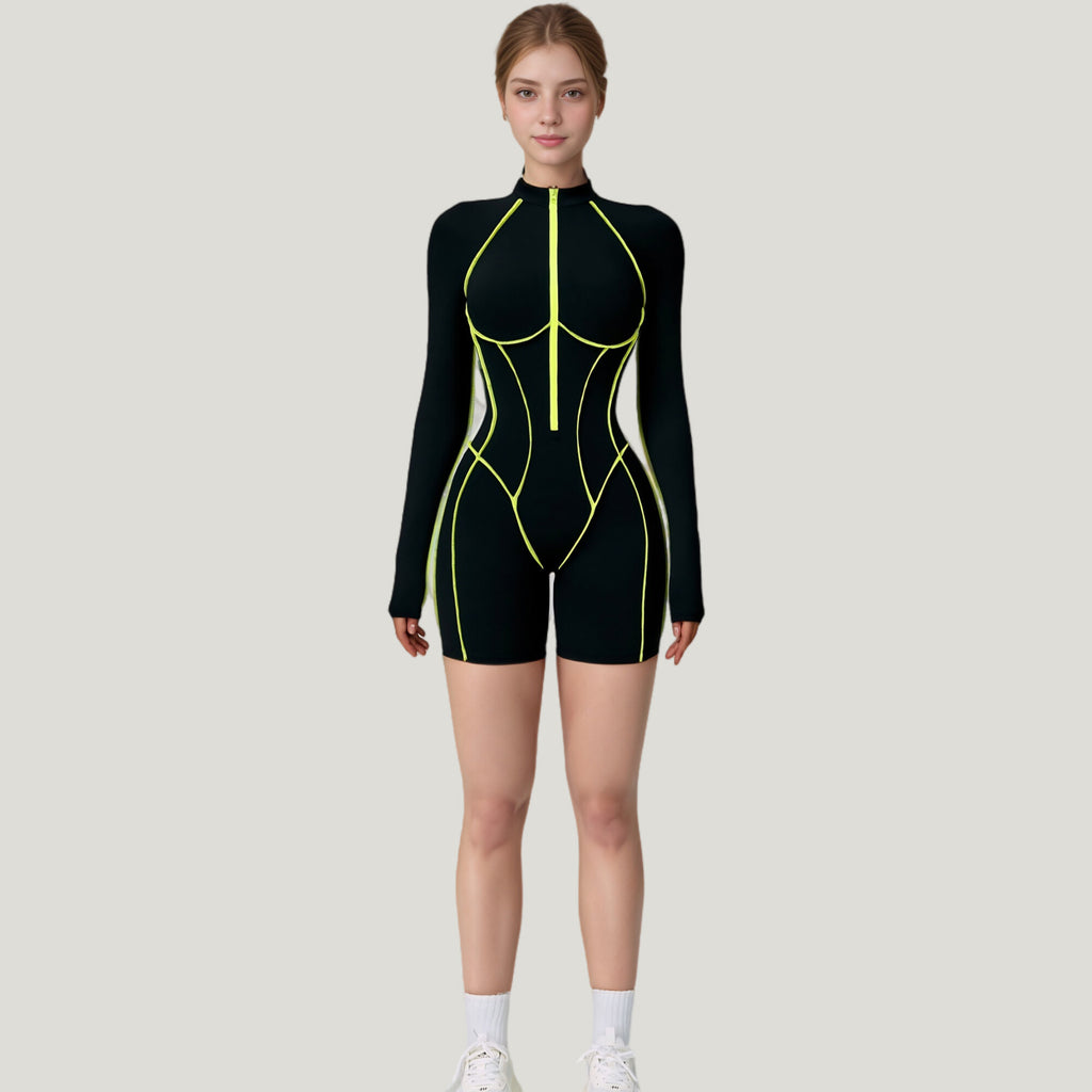 Anna-Kaci Active Women's Long Sleeve Zip Front Active Romper with Neon Piping and Contoured Seams