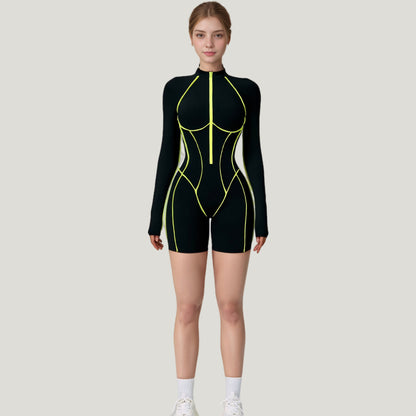 Anna-Kaci Active Women's Long Sleeve Zip Front Active Romper with Neon Piping and Contoured Seams