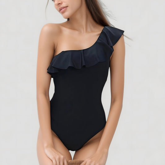 Anna-Kaci Swim Women's One-Piece Swimsuit with One Shoulder Design Soft Ruffle Trim and Flattering Contour Fit