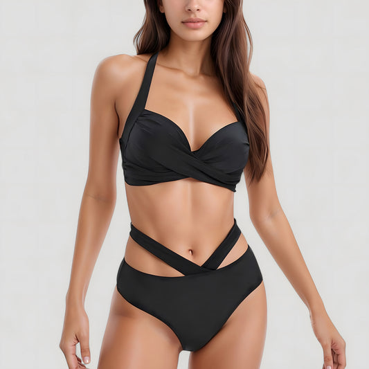 Anna-Kaci Swim Women's Two-Piece Swimsuit with Wrapped Bust Top Crisscross Waistband High Rise Bottom and Supportive Fit