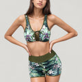 Anna-Kaci Swim Women's Two-Piece Swimsuit Set with Lace-Up Front Sports Bra Top and High Waist Swim Shorts in Botanical Print