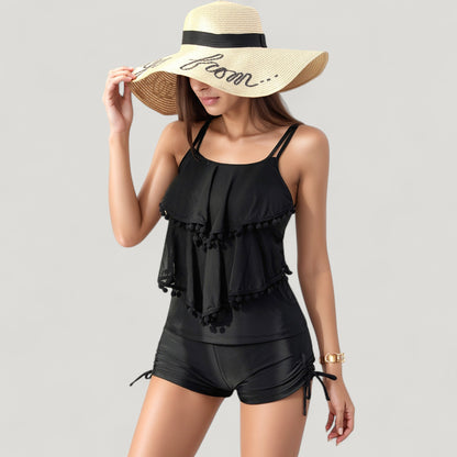 Anna-Kaci Swim Women's Two-Piece Swimsuit Set with Pom Pom Trim Layered Tank Top and Drawstring Swim Shorts
