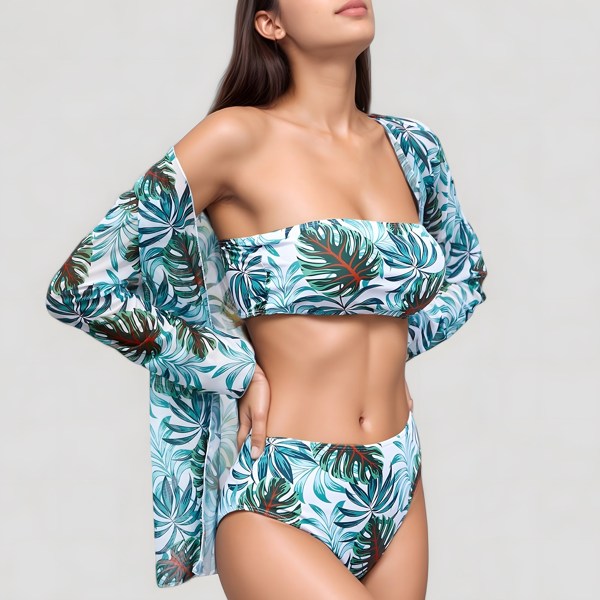Anna-Kaci Swim Women's Three-Piece Swimsuit Set with Strapless Bandeau Top High Waist Bottoms and Sheer Long Sleeve Cover Up