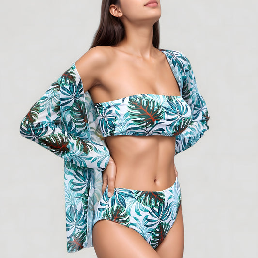 Anna-Kaci Swim Women's Three-Piece Swimsuit Set with Strapless Bandeau Top High Waist Bottoms and Sheer Long Sleeve Cover Up
