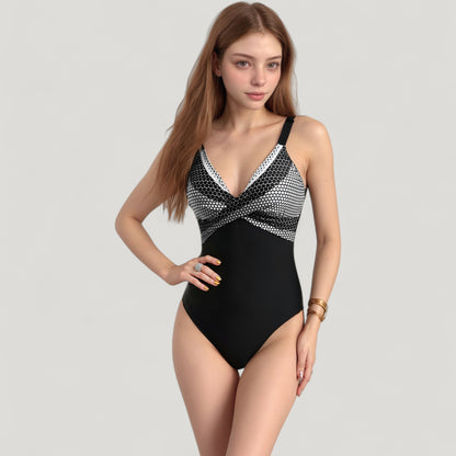 Anna-Kaci Swim Women's One-Piece Swimsuit with V-Neckline Cross Front Detail and Geometric Printed Bust Design