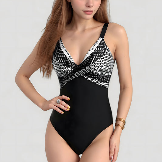 Anna-Kaci Swim Women's One-Piece Swimsuit with V-Neckline Cross Front Detail and Geometric Printed Bust Design