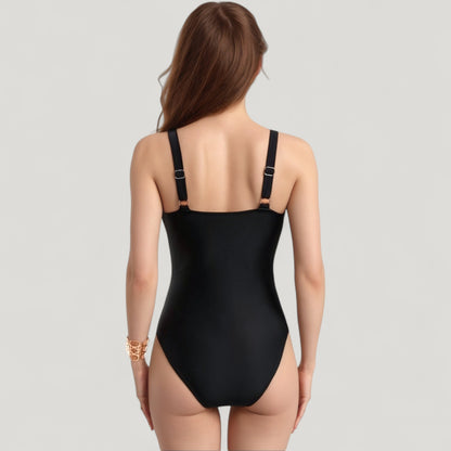 Anna-Kaci Swim Women's One-Piece Swimsuit with V-Neckline Cross Front Detail and Geometric Printed Bust Design