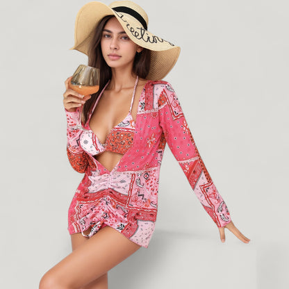 Anna-Kaci Swim Women's 3 Piece Bikini Swimsuit Set with Patchwork Print Triangle Top High Waist Bottom and Ruched Long Sleeve Cover-Up