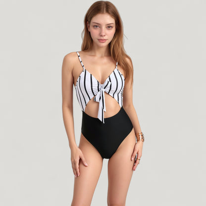 Anna-Kaci Swim Women's Striped One Piece Swimsuit with Adjustable Straps Tie Front Detail and Cutout Waist Design