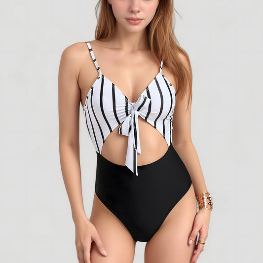 Anna-Kaci Swim Women's Striped One Piece Swimsuit with Adjustable Straps Tie Front Detail and Cutout Waist Design