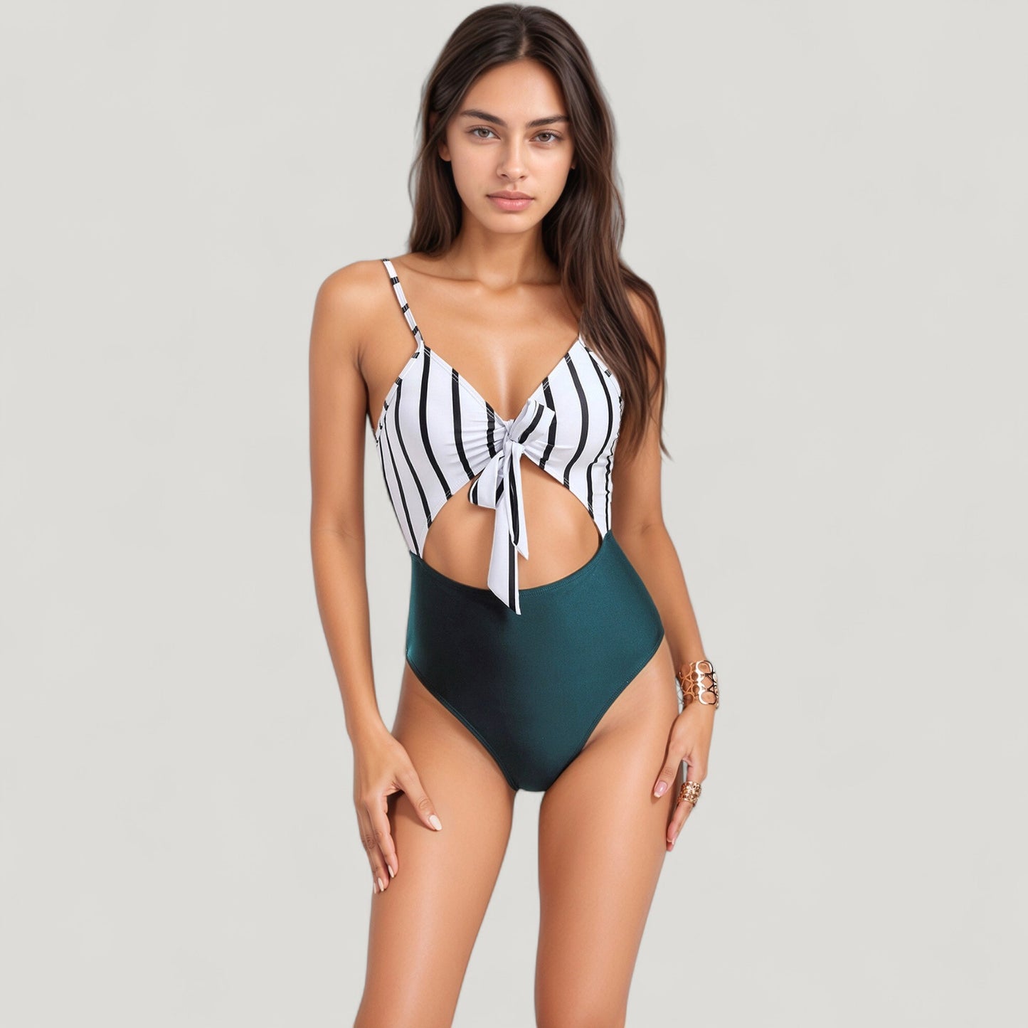 Anna-Kaci Swim Women's Striped One Piece Swimsuit with Adjustable Straps Tie Front Detail and Cutout Waist Design