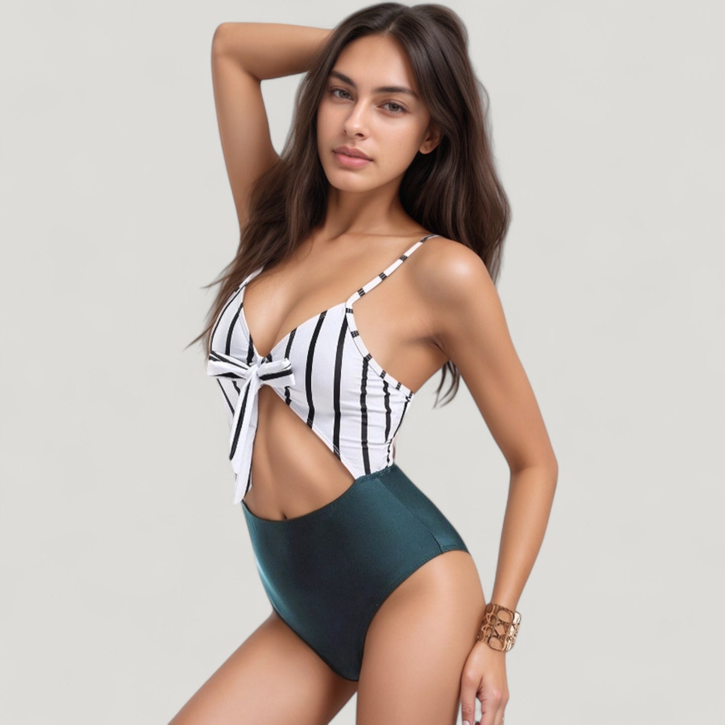 Anna-Kaci Swim Women's Striped One Piece Swimsuit with Adjustable Straps Tie Front Detail and Cutout Waist Design