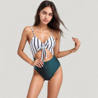 Anna-Kaci Swim Women's Striped One Piece Swimsuit with Adjustable Straps Tie Front Detail and Cutout Waist Design