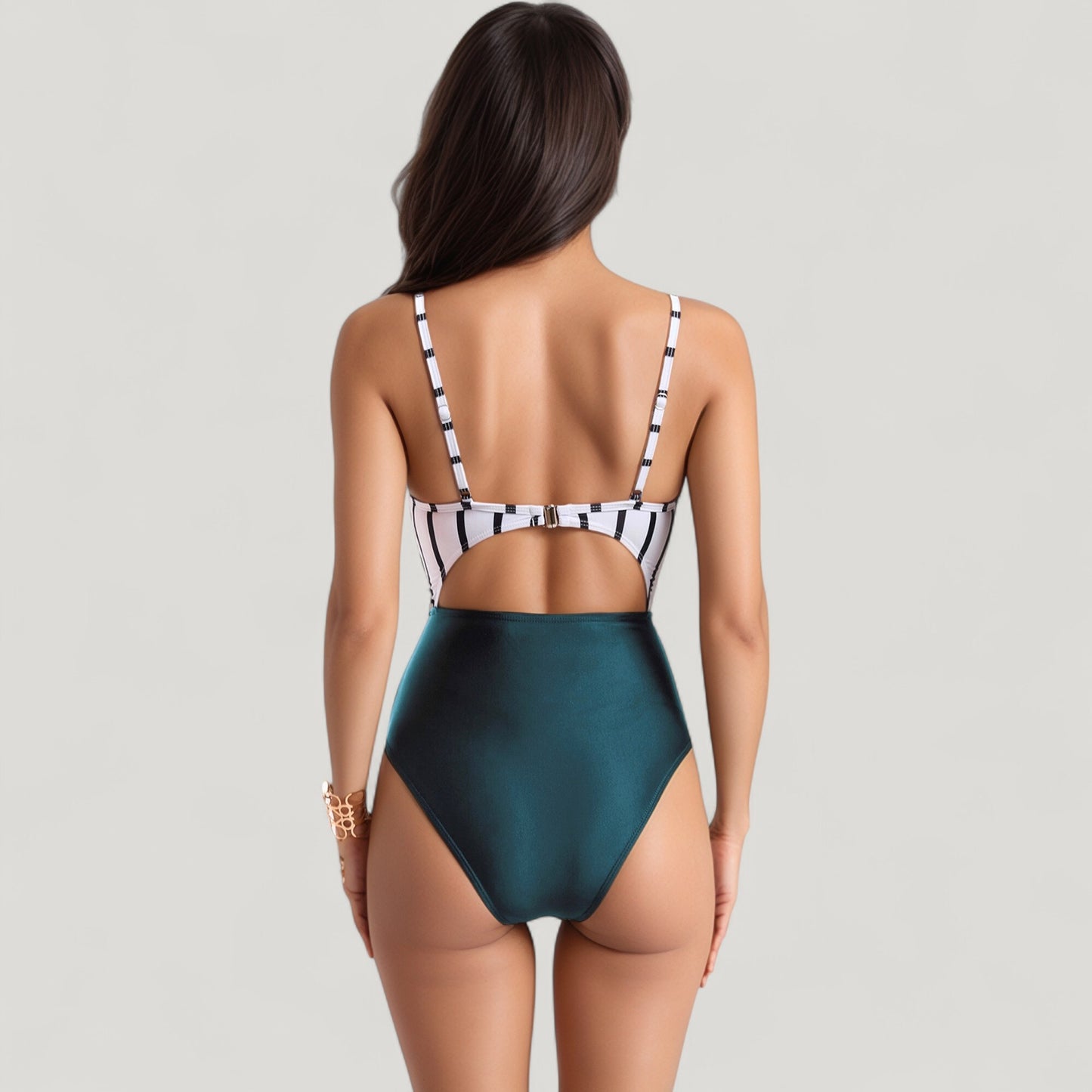Anna-Kaci Swim Women's Striped One Piece Swimsuit with Adjustable Straps Tie Front Detail and Cutout Waist Design