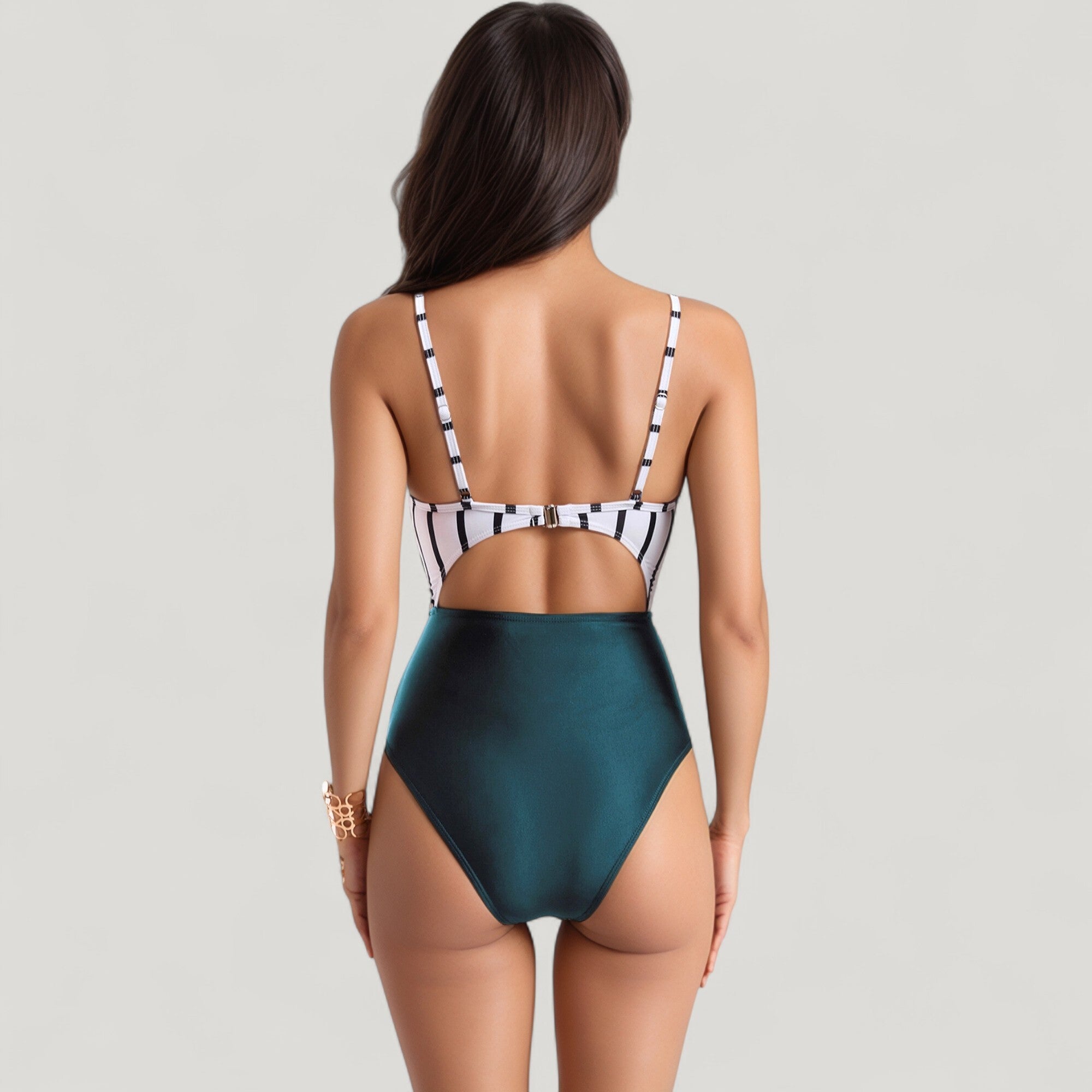 Anna-Kaci Swim Women's Striped One Piece Swimsuit with Adjustable Straps Tie Front Detail and Cutout Waist Design