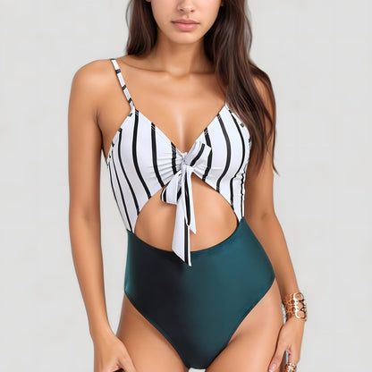 Anna-Kaci Swim Women's Striped One Piece Swimsuit with Adjustable Straps Tie Front Detail and Cutout Waist Design