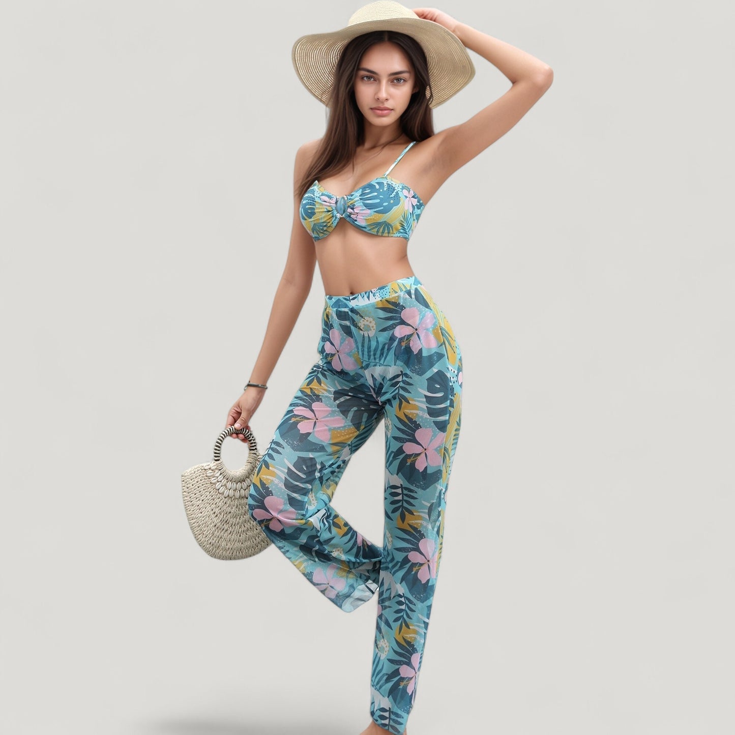 Anna-Kaci Swim Women's Tropical Leaf Print 3 Piece Swimsuit Set Bikini Top High Waist Bottom Sheer Wide Leg Pants