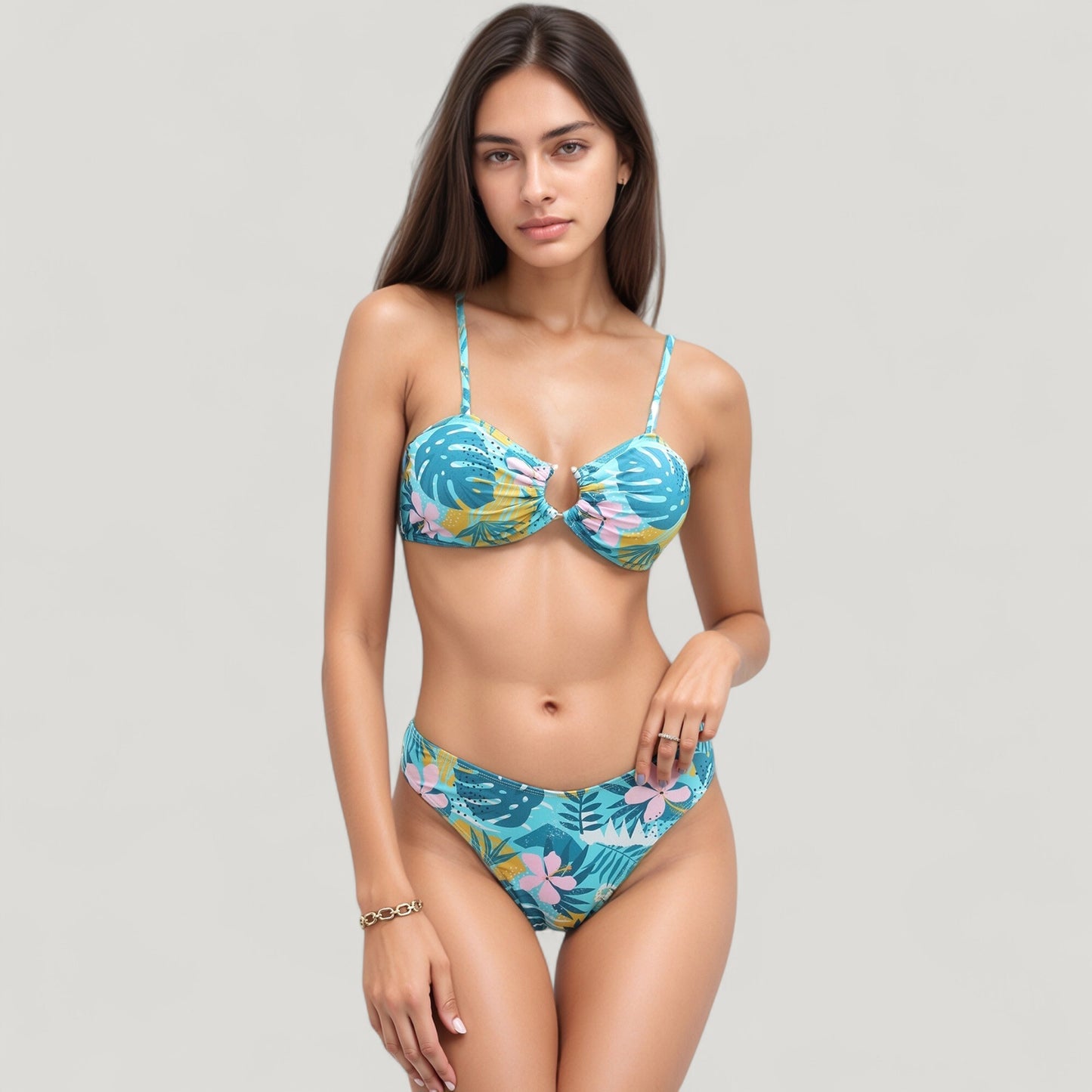 Anna-Kaci Swim Women's Tropical Leaf Print 3 Piece Swimsuit Set Bikini Top High Waist Bottom Sheer Wide Leg Pants