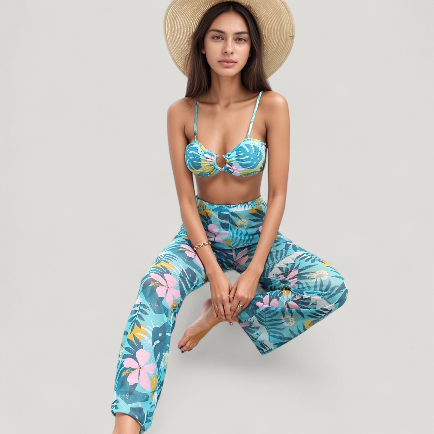Anna-Kaci Swim Women's Tropical Leaf Print 3 Piece Swimsuit Set Bikini Top High Waist Bottom Sheer Wide Leg Pants