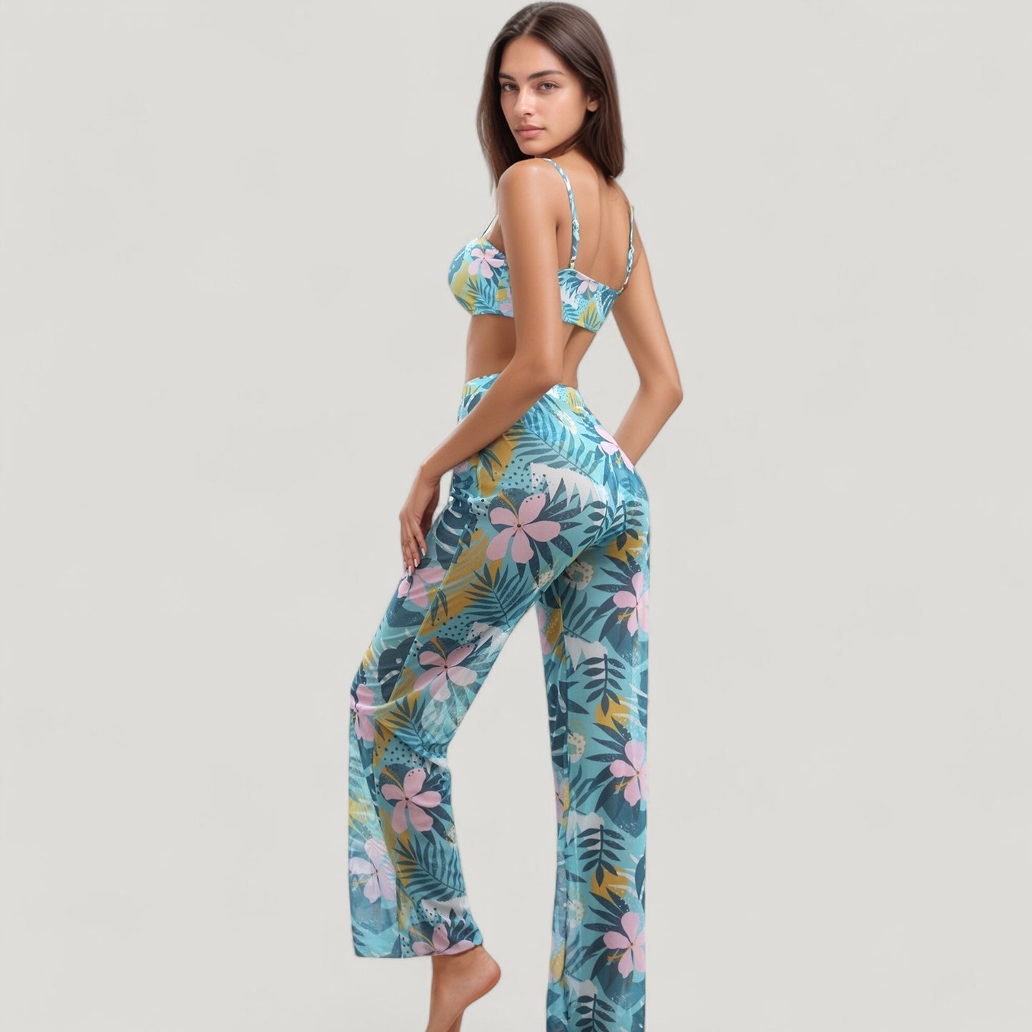 Anna-Kaci Swim Women's Tropical Leaf Print 3 Piece Swimsuit Set Bikini Top High Waist Bottom Sheer Wide Leg Pants