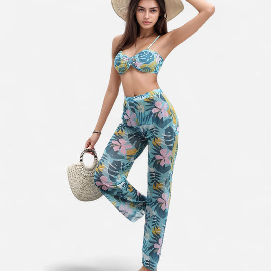 Anna-Kaci Swim Women's Tropical Leaf Print 3 Piece Swimsuit Set Bikini Top High Waist Bottom Sheer Wide Leg Pants