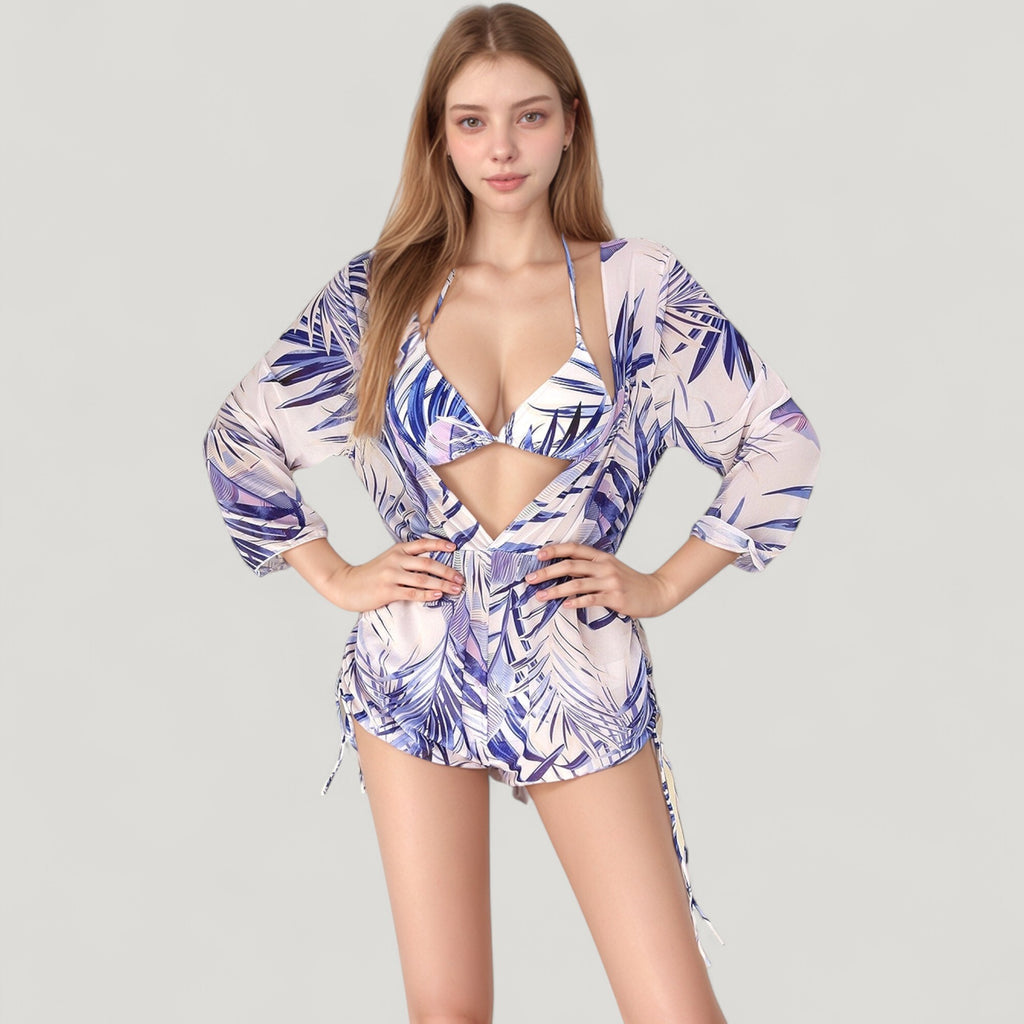 Anna-Kaci Swim Women's Leaf Print 3 Piece Swimsuit Set Bikini Top Drawstring Shorts Long Sleeve Sheer Cover Up