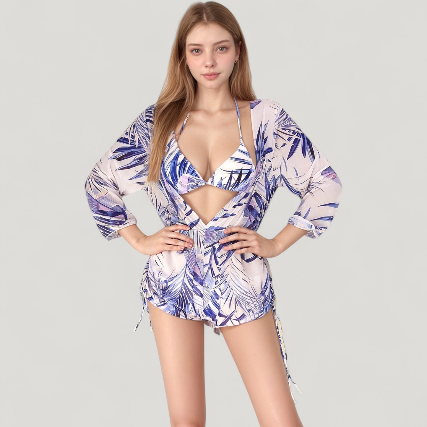 Anna-Kaci Swim Women's Leaf Print 3 Piece Swimsuit Set Bikini Top Drawstring Shorts Long Sleeve Sheer Cover Up
