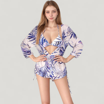 Anna-Kaci Swim Women's Leaf Print 3 Piece Swimsuit Set Bikini Top Drawstring Shorts Long Sleeve Sheer Cover Up