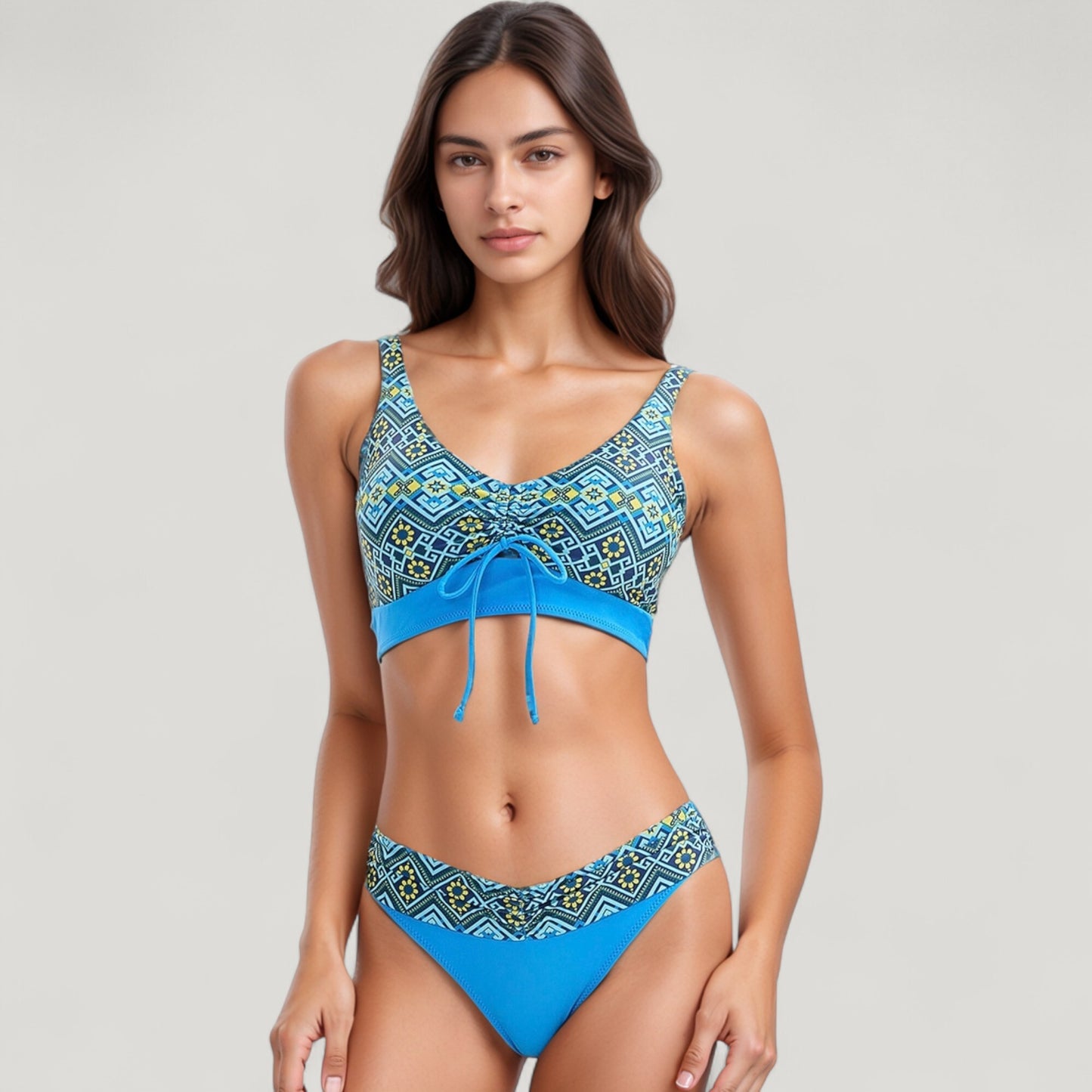 Anna-Kaci Swim Women's Printed Scoop Neck Bikini Set Drawstring Detail Crop Top and V Cut Hipster Bottoms