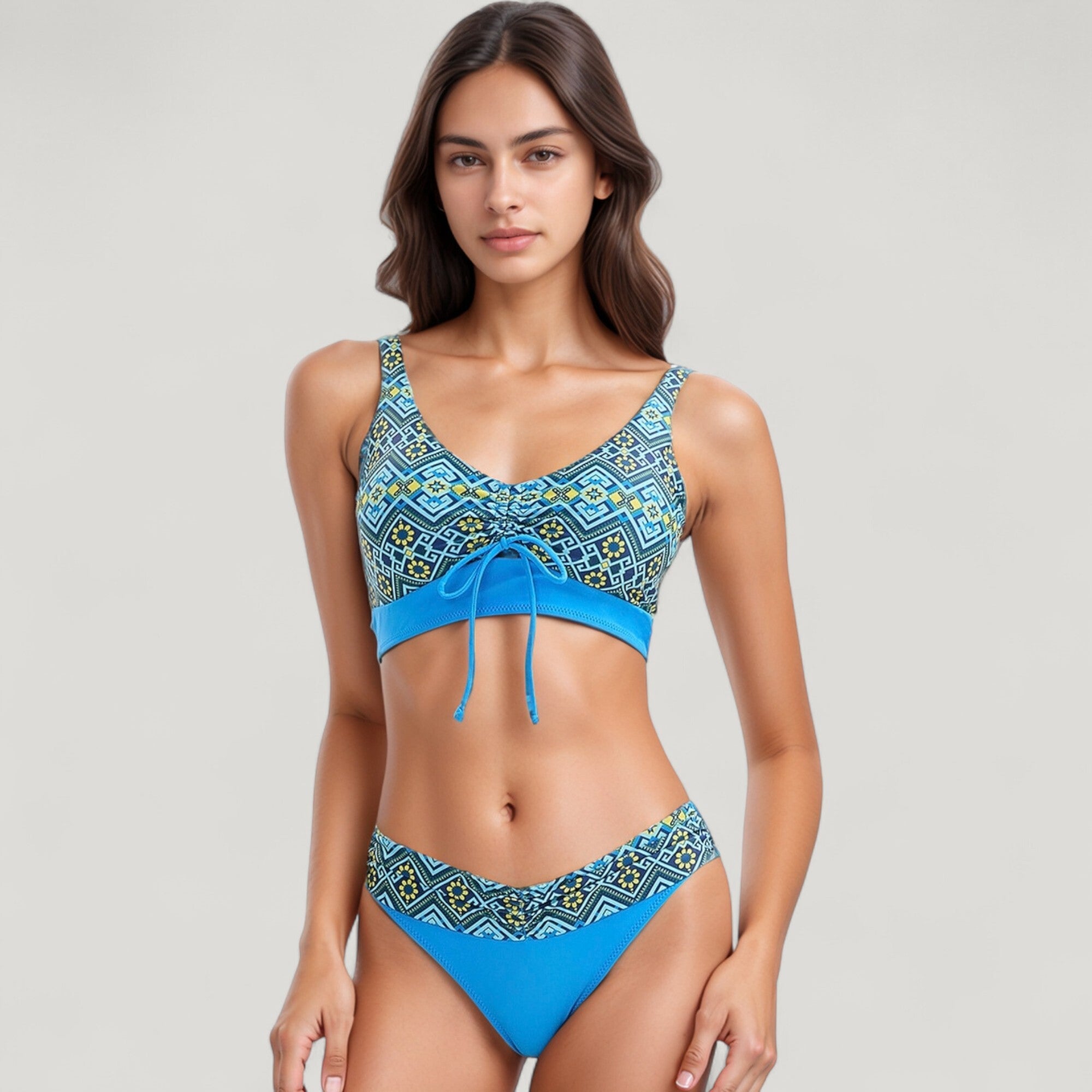 Anna-Kaci Swim Women's Printed Scoop Neck Bikini Set Drawstring Detail Crop Top and V Cut Hipster Bottoms
