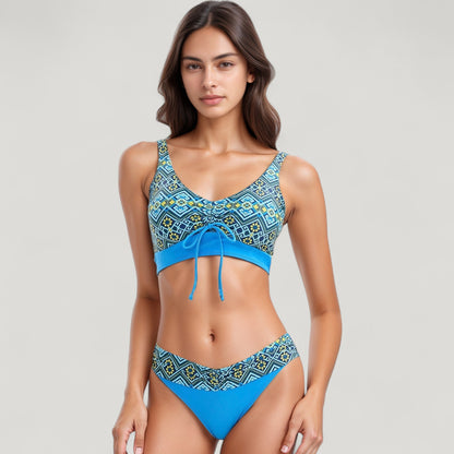 Anna-Kaci Swim Women's Printed Scoop Neck Bikini Set Drawstring Detail Crop Top and V Cut Hipster Bottoms