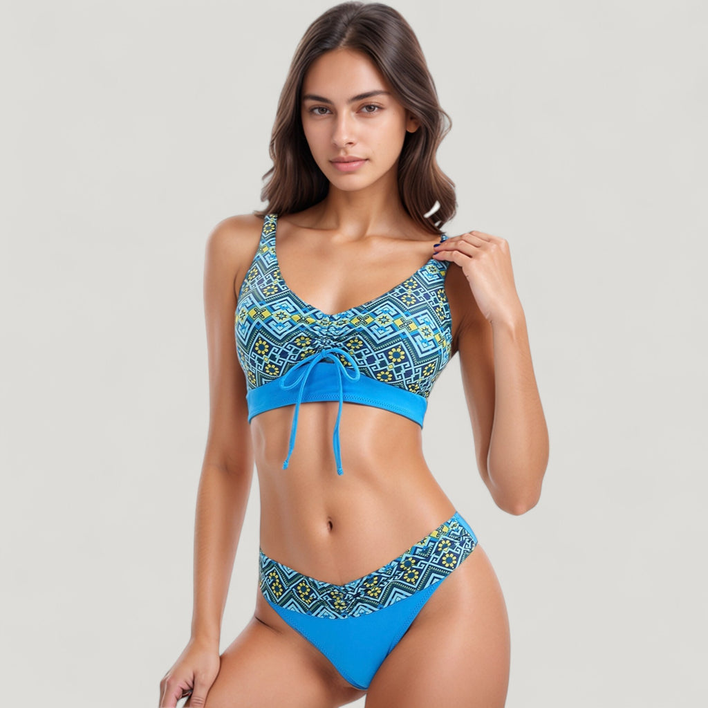 Anna-Kaci Swim Women's Printed Scoop Neck Bikini Set Drawstring Detail Crop Top and V Cut Hipster Bottoms