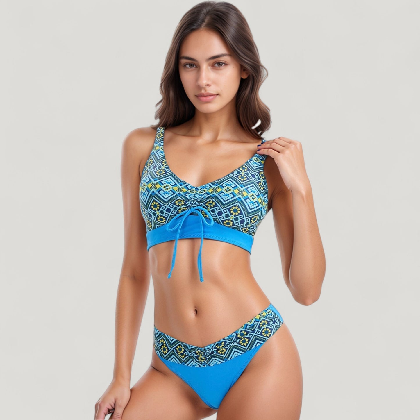 Anna-Kaci Swim Women's Printed Scoop Neck Bikini Set Drawstring Detail Crop Top and V Cut Hipster Bottoms