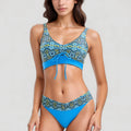 Anna-Kaci Swim Women's Printed Scoop Neck Bikini Set Drawstring Detail Crop Top and V Cut Hipster Bottoms