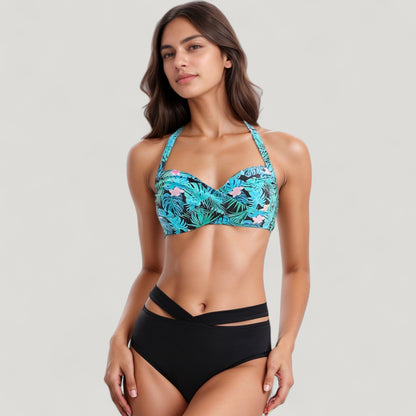 Anna-Kaci Swim Women's Tropical Print Bikini Set with Crisscross High Waist Bottom and Wide Strap Top