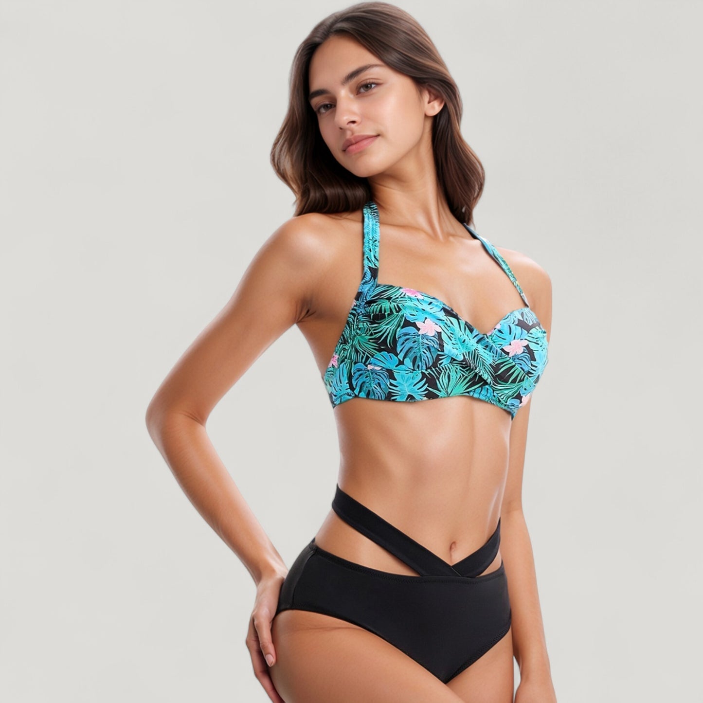 Anna-Kaci Swim Women's Tropical Print Bikini Set with Crisscross High Waist Bottom and Wide Strap Top
