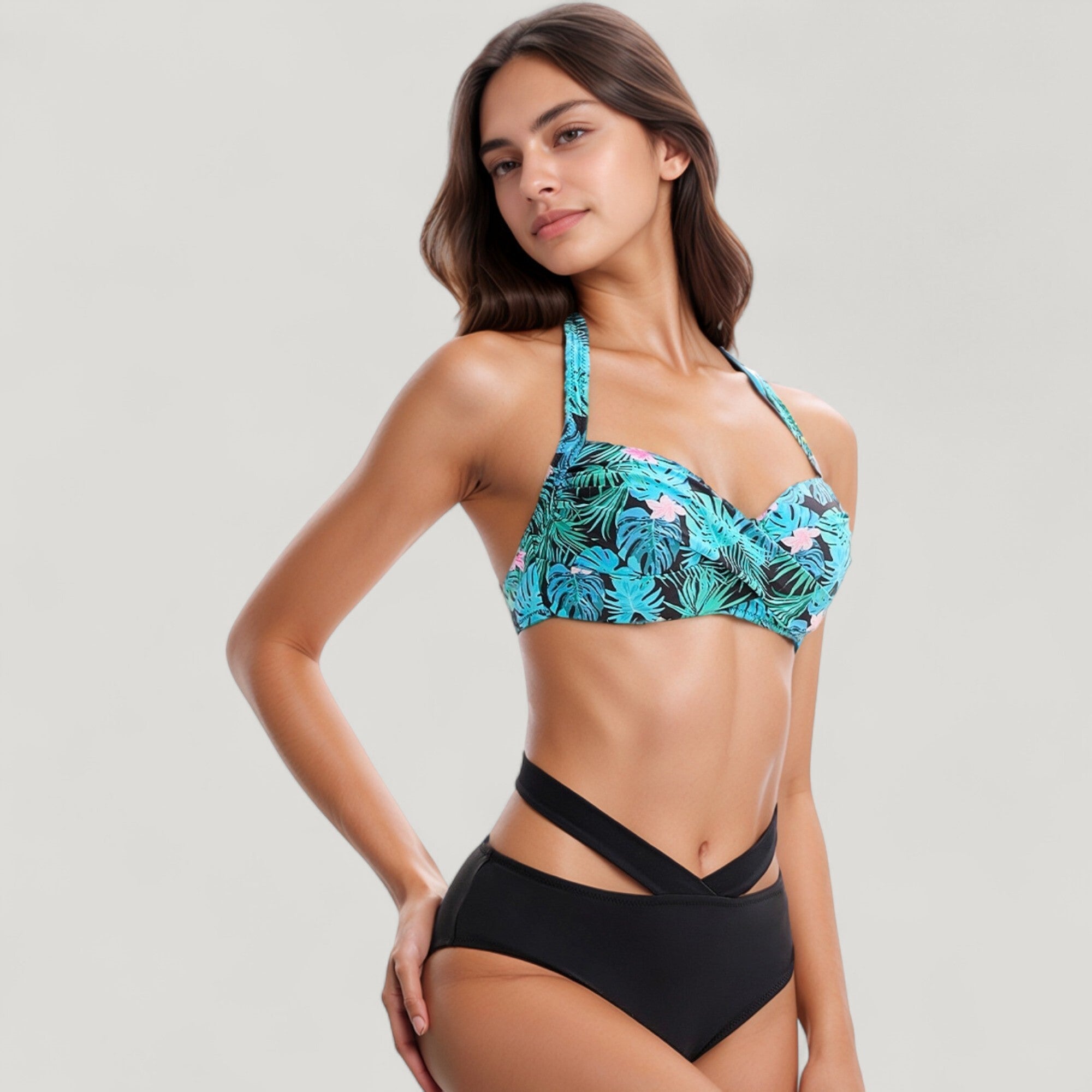 Anna-Kaci Swim Women's Tropical Print Bikini Set with Crisscross High Waist Bottom and Wide Strap Top
