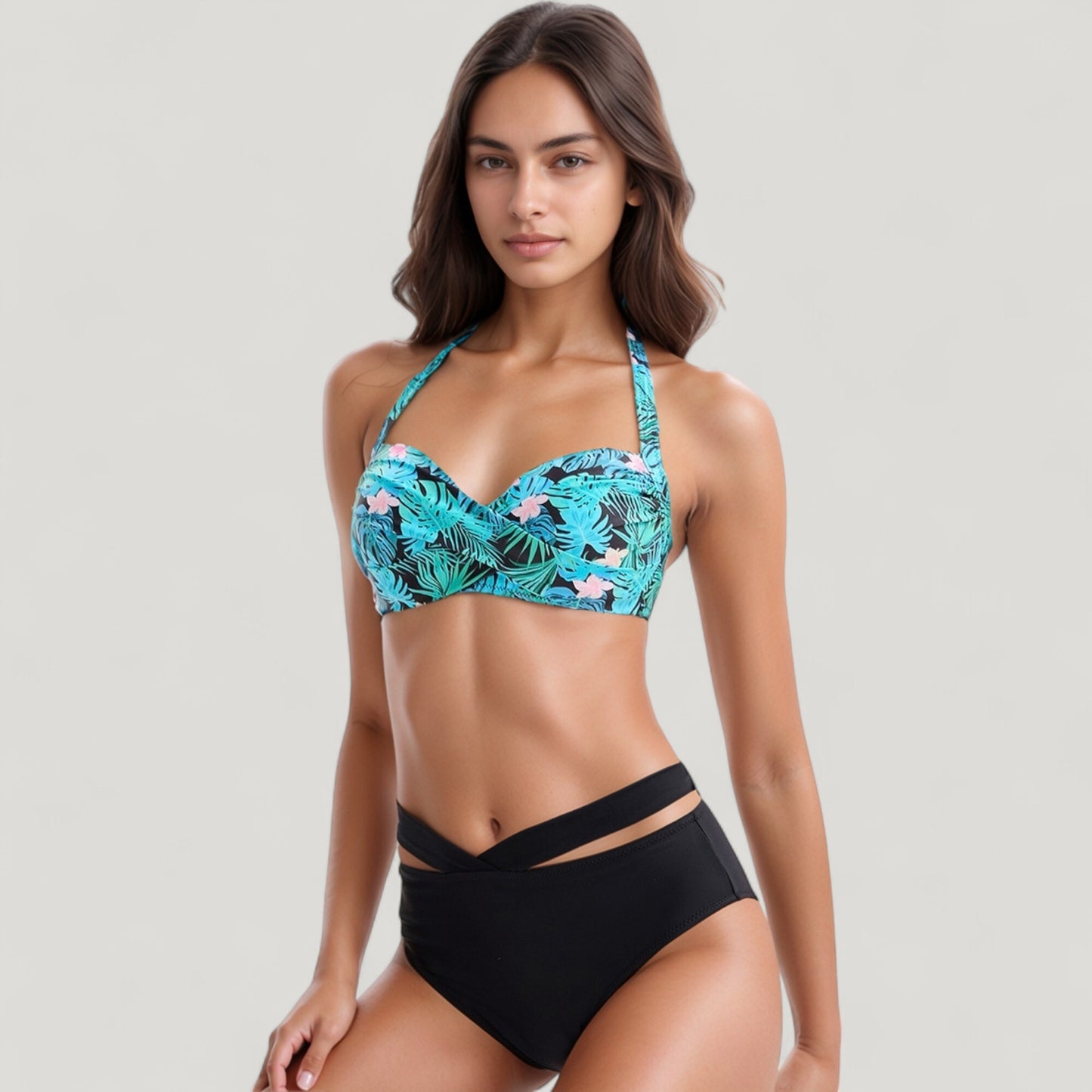 Anna-Kaci Swim Women's Tropical Print Bikini Set with Crisscross High Waist Bottom and Wide Strap Top