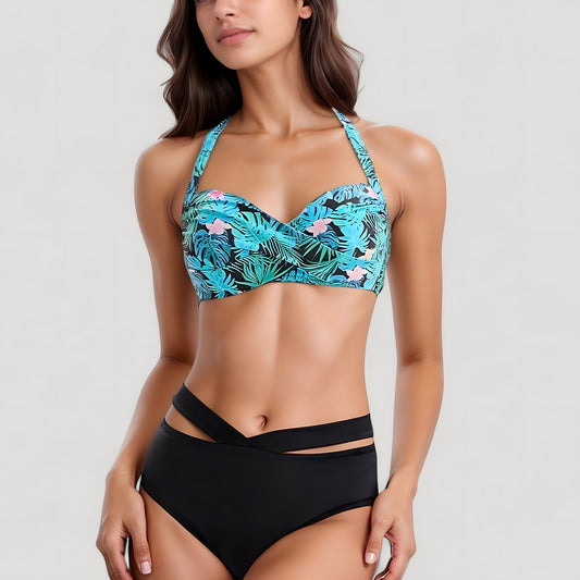 Anna-Kaci Swim Women's Tropical Print Bikini Set with Crisscross High Waist Bottom and Wide Strap Top