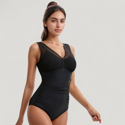 Anna-Kaci Swim Women's Mesh Insert V-Neck One Piece Swimsuit with Ruched Waist and Wide Shoulder Straps