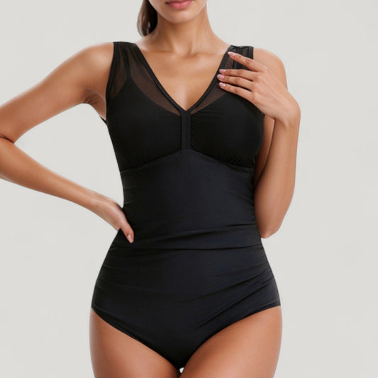 Anna-Kaci Swim Women's Mesh Insert V-Neck One Piece Swimsuit with Ruched Waist and Wide Shoulder Straps