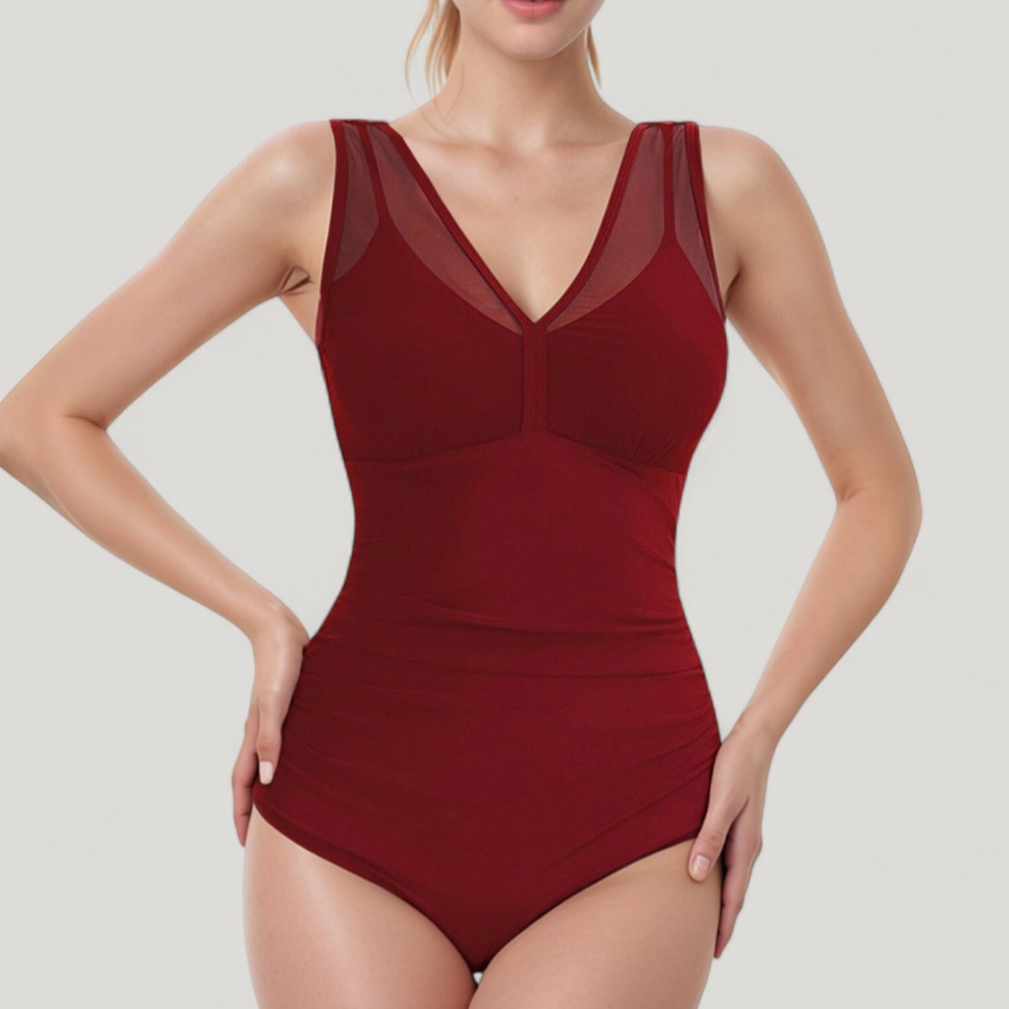 Anna-Kaci Swim Women's Mesh Insert V-Neck One Piece Swimsuit with Ruched Waist and Wide Shoulder Straps